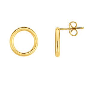 Open Round Circle Stud Earrings Real 14K Yellow Gold
