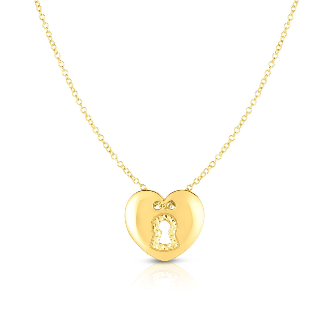 Diamond Cut Heart Key Necklace Real 14K Yellow Gold - besenn