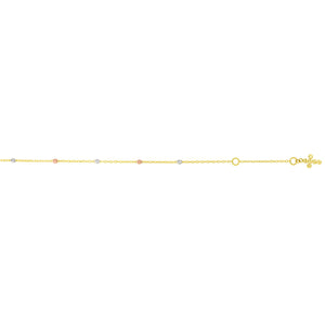Diamond Cut Bead Ball Tricolor Anklet w/ Cross Real 14K Yellow Gold - besenn