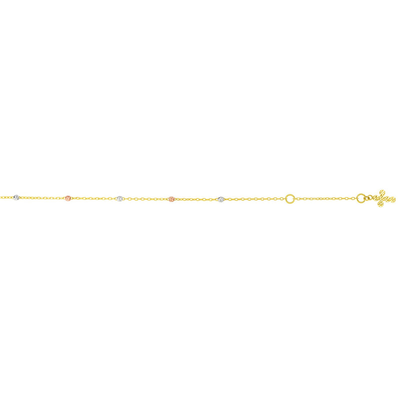 Diamond Cut Bead Ball Tricolor Anklet w/ Cross Real 14K Yellow Gold - besenn