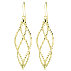 Diamond Cut Double Hoop Freeform Drop Earrings Real 14kt Yellow Gold - besenn
