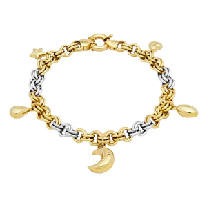 Two-Tone Oval Rolo Charm Heart Drop Crescent Star Bracelet Real 14K Yellow Gold
