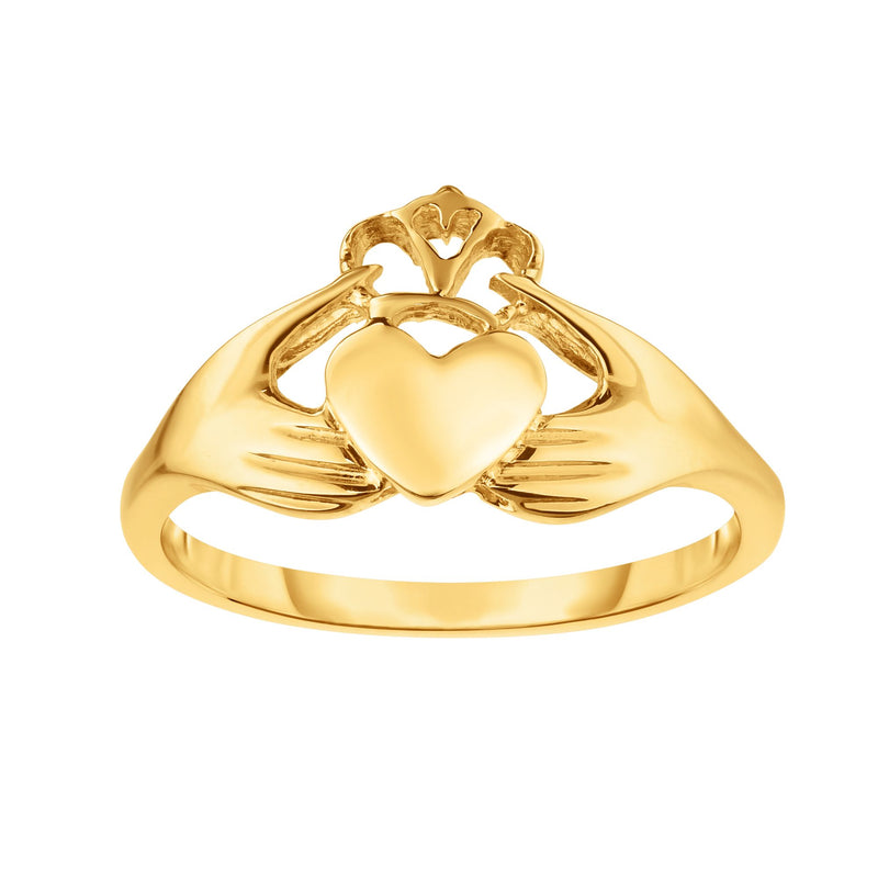 Shiny Heart Claddagh Ring Real 14K Yellow Gold - besenn