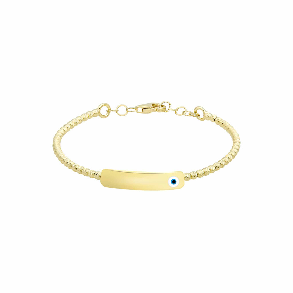 Child's Blue Evil Eye Beaded Diamond Cut ID Name Bangle Real 14K Yellow Gold - besenn