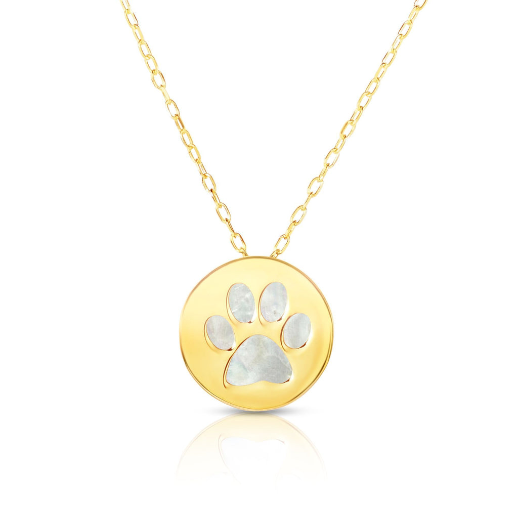 Dog Paw Charm Mother of Pearl Necklace Real 14K Yellow Gold - besenn