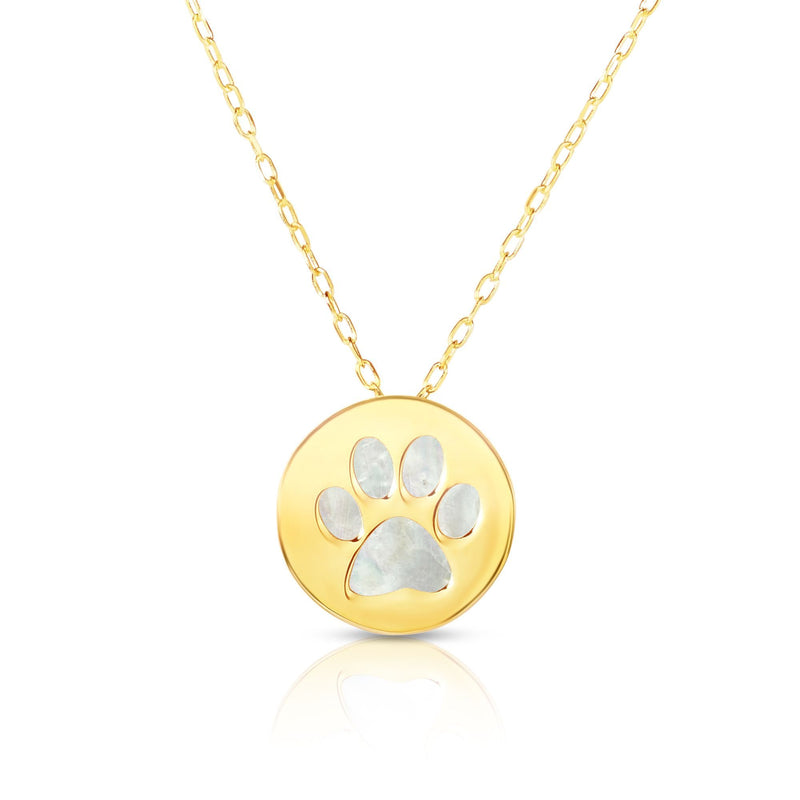 Dog Paw Charm Mother of Pearl Necklace Real 14K Yellow Gold - besenn