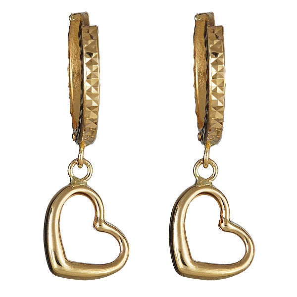 Italian Diamond Cut Open Heart Dangling Huggie Earrings Real 14K Yellow Gold - besenn