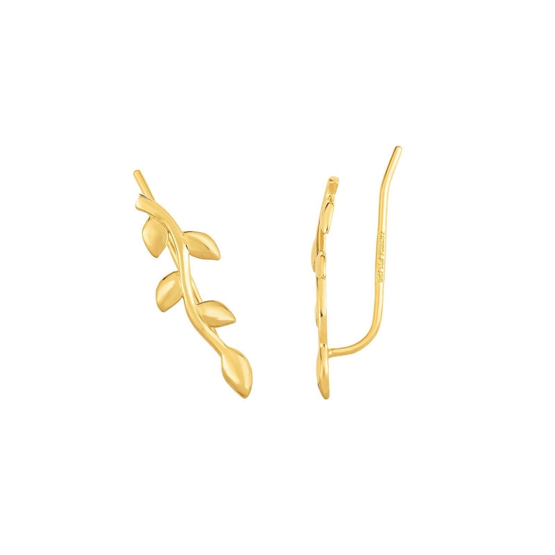Shiny Leaf Ear Climber Stud Earrings Real 14K Yellow Gold
