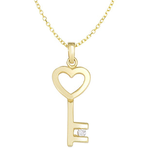 Heart Key .03ct Diamond Necklace Real 14K Yellow Gold