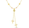 Bead Ball Cross Rosary Lariat Necklace Real 14K Yellow Gold