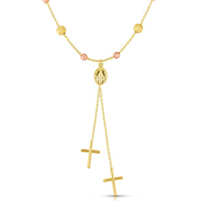 Bead Ball Cross Rosary Lariat Necklace Real 14K Yellow Gold