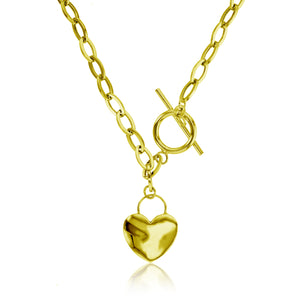 17" Heart Toggle Tag Oval Chain Charm Necklace Real 14K Yellow Gold - besenn