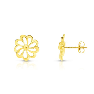 Flower Stud Earrings Shiny Real 14kt Yellow Gold - besenn