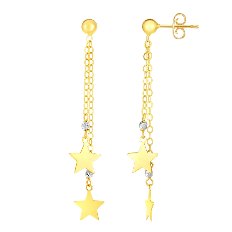 Two-Tone Drop Bead Ball Star Charm Earrings Real 14K Yellow Gold - besenn