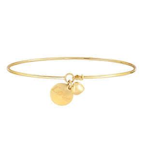 Puffed Heart & Love Disc Bangle Real 14K Yellow Gold - besenn