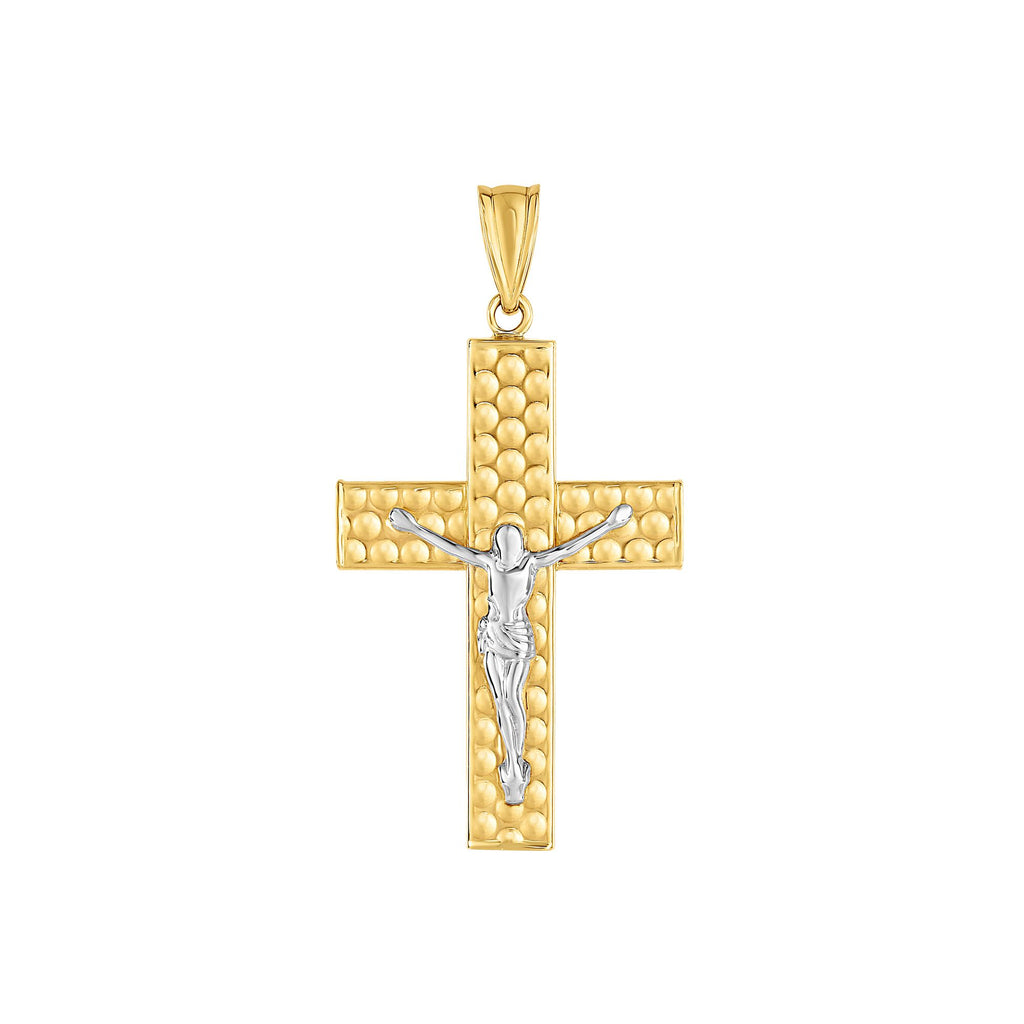 1 3/8" Diamond Cut Textured Crucifix Jesus Cross Pendant Real 14K Yellow White Gold - besenn