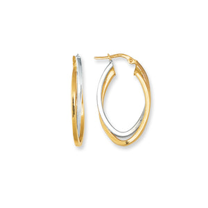 Oval Shape Oblong Two Row Hoop Earrings Real 14K Yellow White Gold - besenn