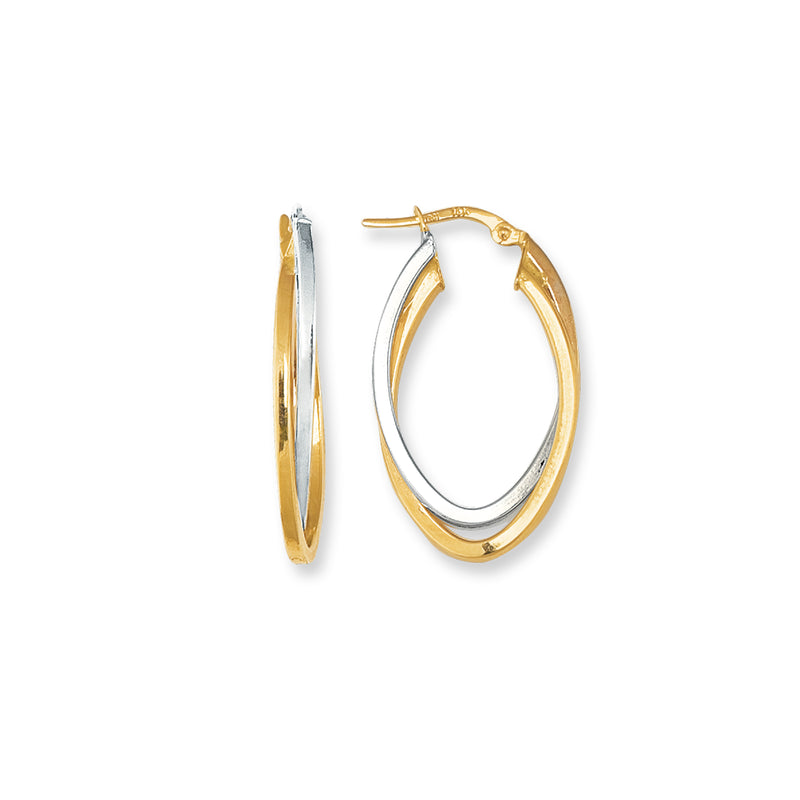 Oval Shape Oblong Two Row Hoop Earrings Real 14K Yellow White Gold - besenn