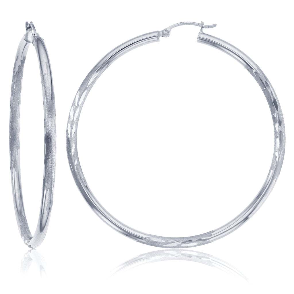 3mm X 80mm 3 1/4" Shiny Diamond Cut Round Hoop Earrings REAL 14K White Gold