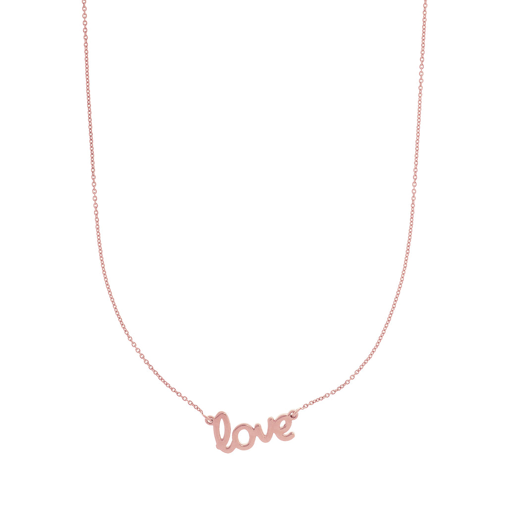 Flat Scripted LOVE Necklace Real 14K Rose Gold - besenn