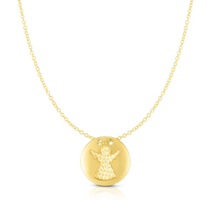 Textured Disc Angel Necklace Real 14K Yellow Gold - besenn