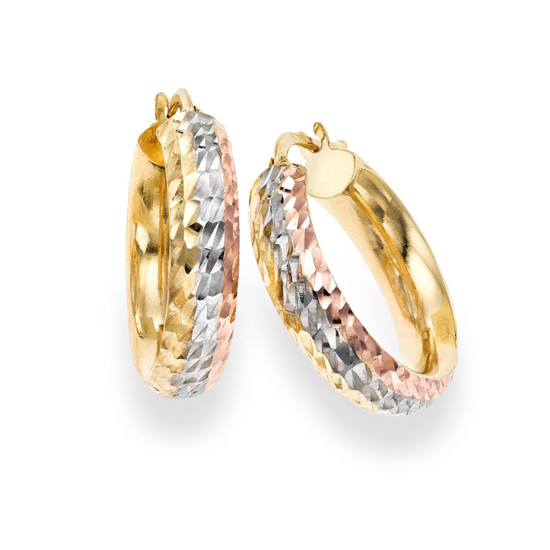 Diamond Cut Tricolor Hoop Earrings Real 14K Tricolor Gold - besenn