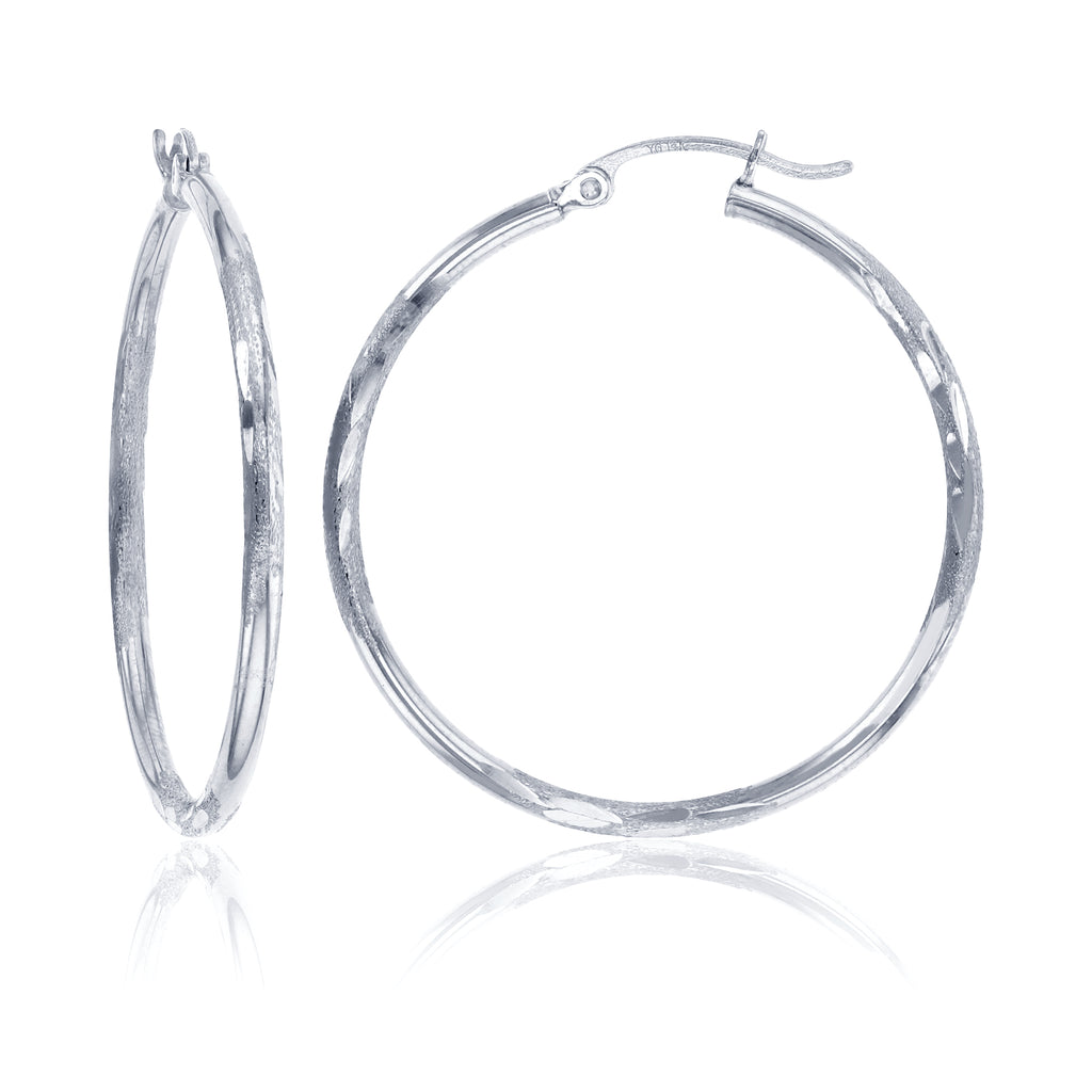 2mm X 40mm 1 1/2" Shiny Diamond Cut Round Hoop Earrings REAL 14K White Gold