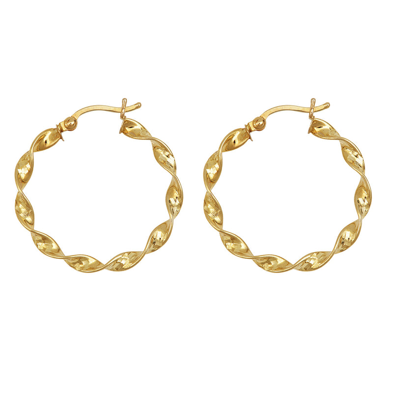 Italian Twisted Hoop Earrings Real 14K Yellow Gold 1" - besenn