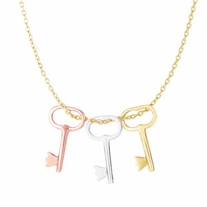 Key Charm Tricolor Pendant Necklace Real 14K Rose Yellow White Gold 18" - besenn