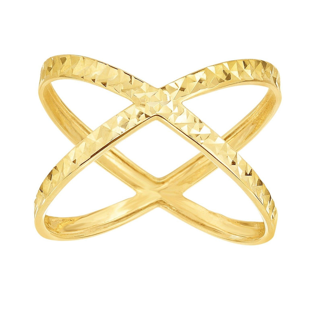 Size 7 Diamond Cut Shiny X Design Ring Solid Real 14K Yellow Gold Ladies - besenn