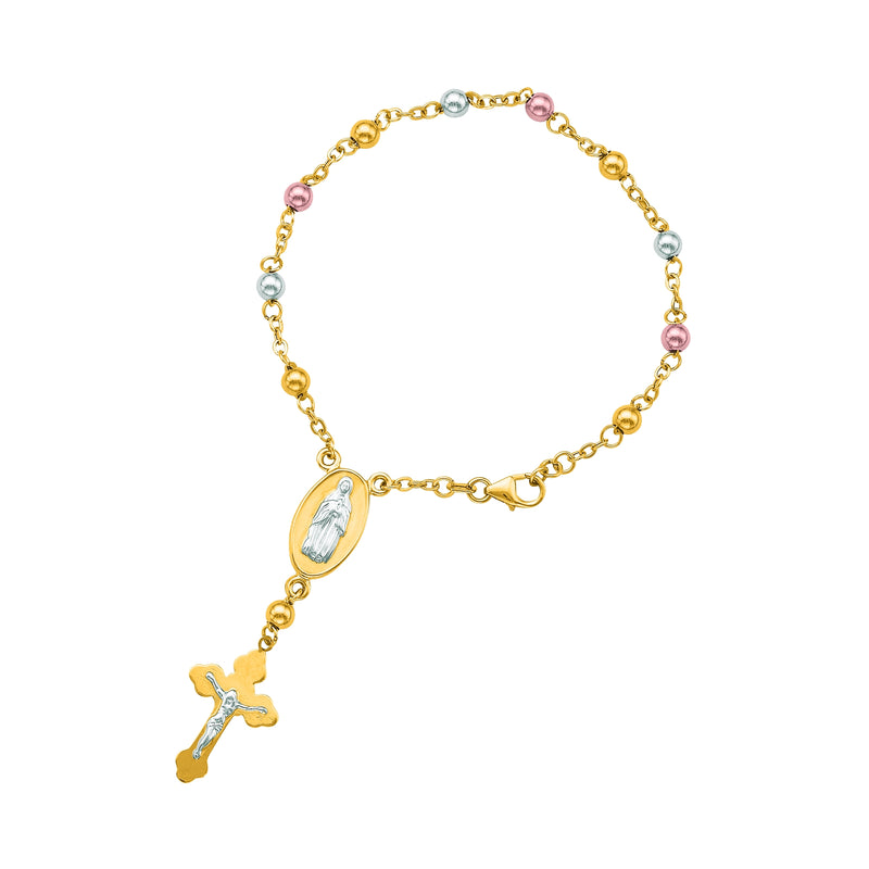 Tricolor Bead Ball Crucifix Cross Jesus Mary Bracelet Real 14kt Yellow Gold - besenn