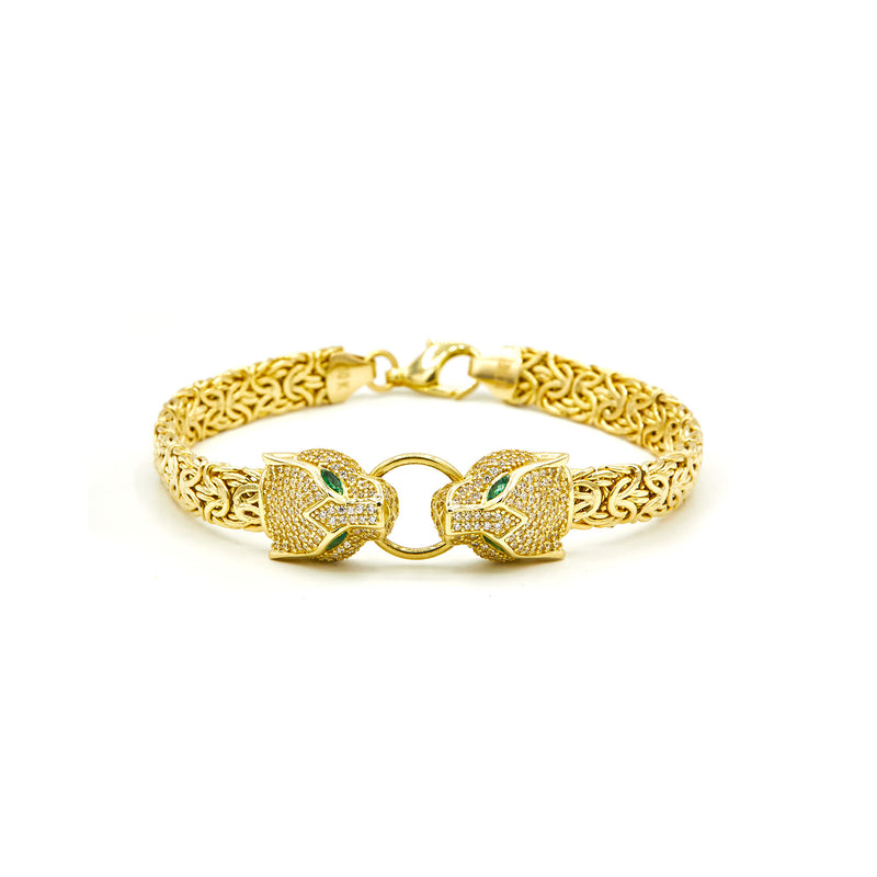 Plain Panther Head Byzantine Bracelet CZ Emerald Eyes Real 10K All Yellow Gold - besenn