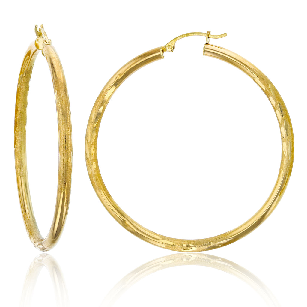 3mm X 50mm 2" Large Diamond Cut Round Hoop Earrings REAL 14K Yellow Gold - besenn