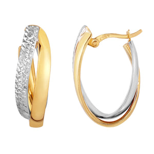 Two-Tone Diamond Cut Plain Two Row Hoop Earrings Real 10K Yellow Gold - besenn
