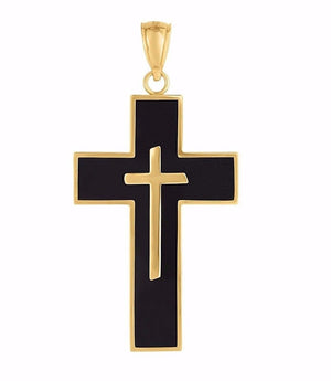 1 3/8" Onyx Black Enamel Crucifix Cross Pendant Charm Real 14K Yellow Gold - besenn