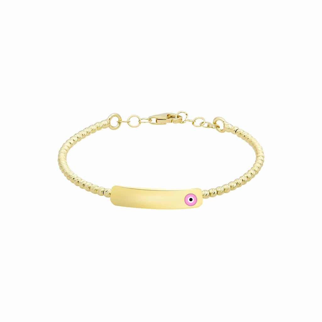 Child's Pink Evil Eye Beaded Diamond Cut ID Name Bangle Real 14K Yellow Gold - besenn