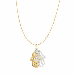 Filigree Hamsa Hand Heart Reversible Pendant Necklace Real 14K Yellow White Gold - besenn