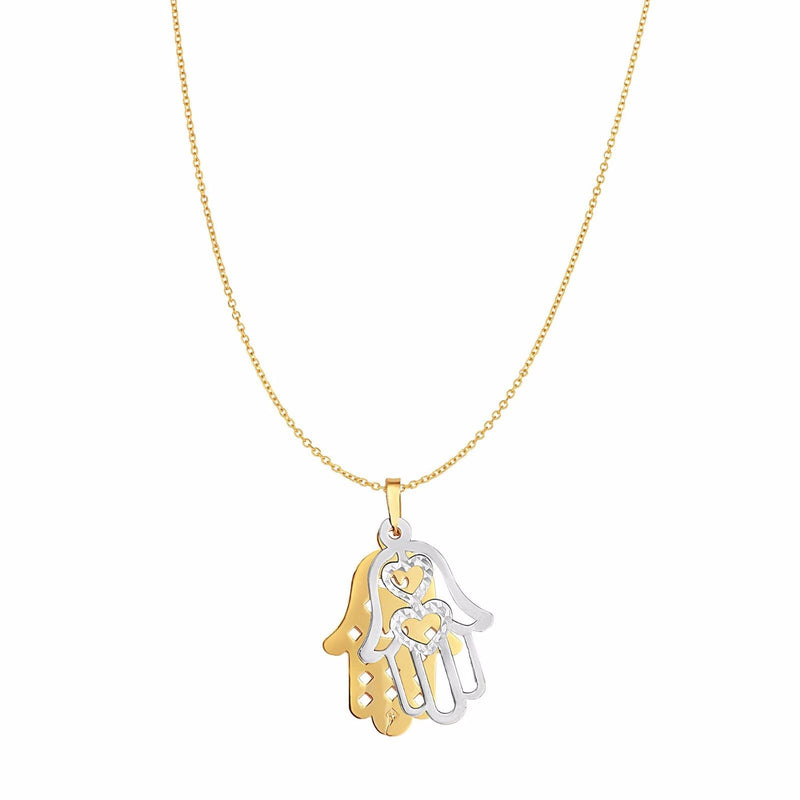 Filigree Hamsa Hand Heart Reversible Pendant Necklace Real 14K Yellow White Gold - besenn
