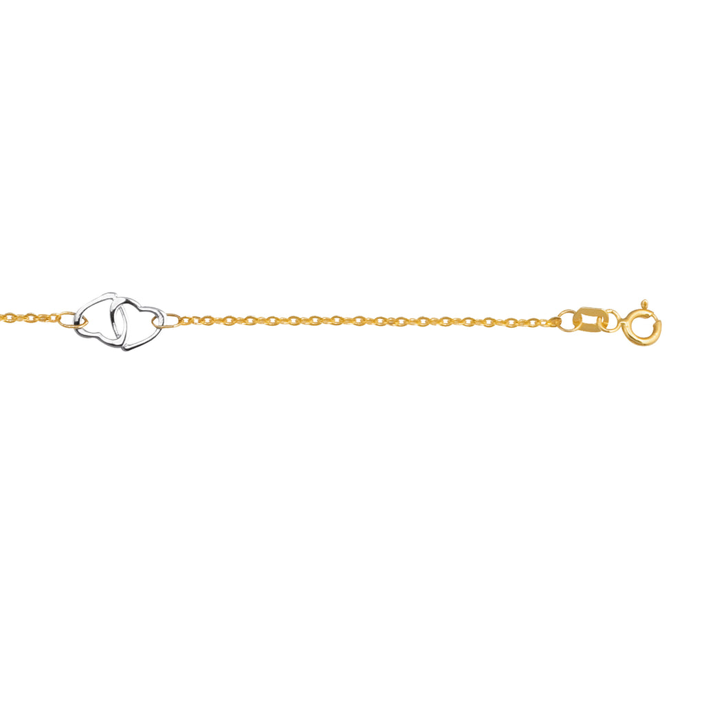 Interlocked Double Heart Station Two-Tone Anklet Real 14K Yellow Gold - besenn