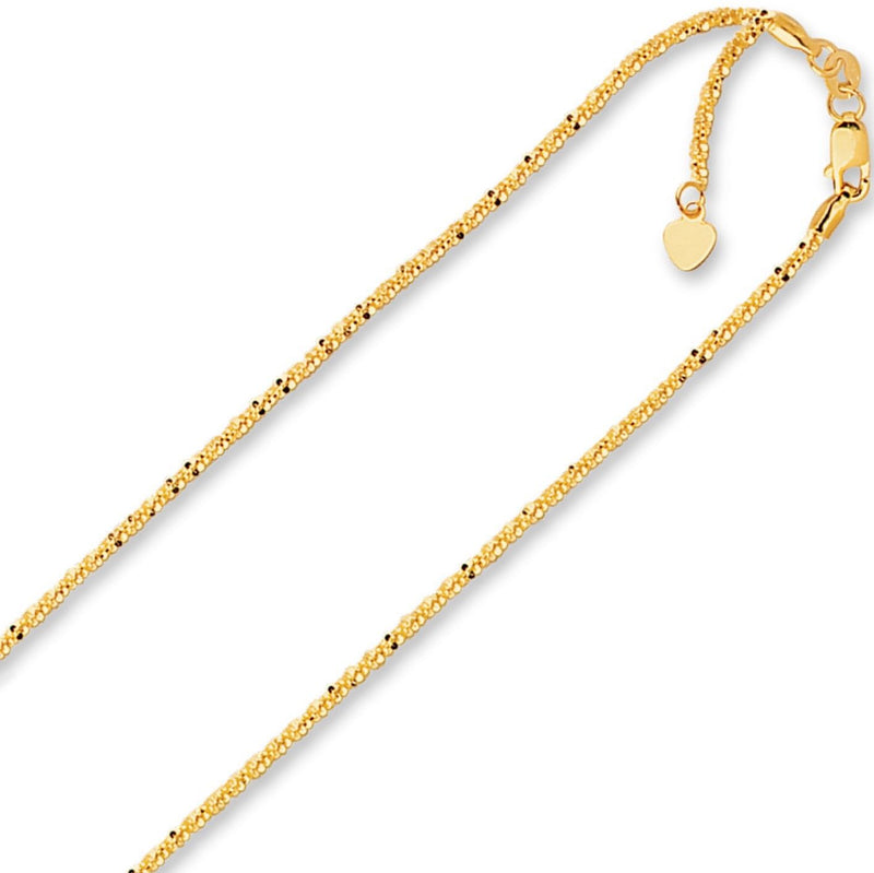 1.5mm Solid Adjustable Sparkle Twisted Rock Chain REAL 14K Yellow Gold Up To 22