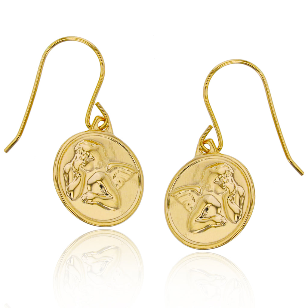 Italian High Polished Angel Round Disc Dangle Earrings Real 14K Yellow Gold 1" - besenn