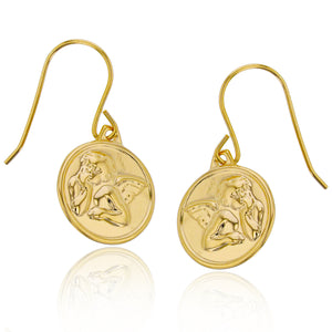 Italian High Polished Angel Round Disc Dangle Earrings Real 14K Yellow Gold 1" - besenn
