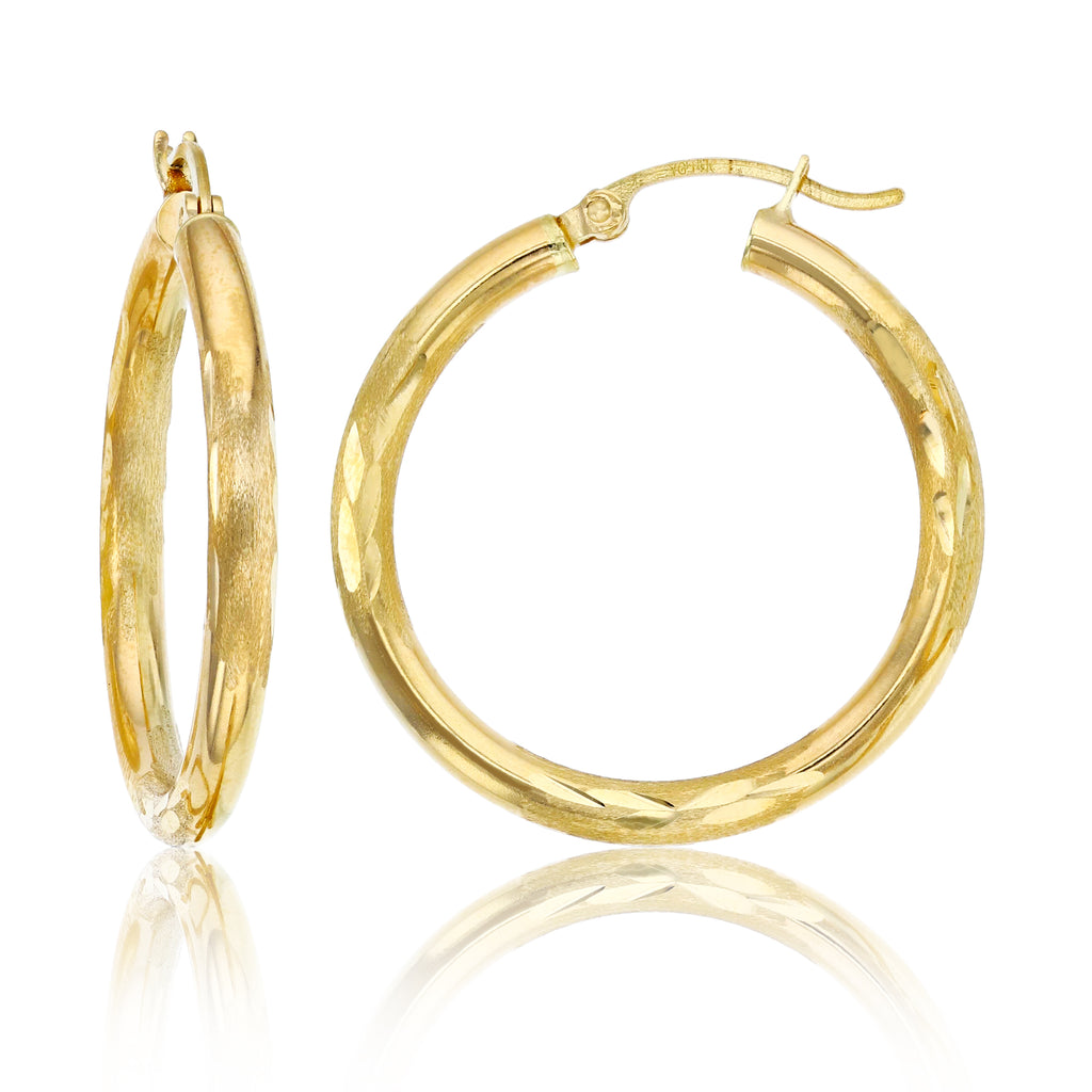 1 1/4" 3mm X 30mm Diamond Cut Polished Shiny Hoop Earrings REAL 14K Yellow Gold - besenn