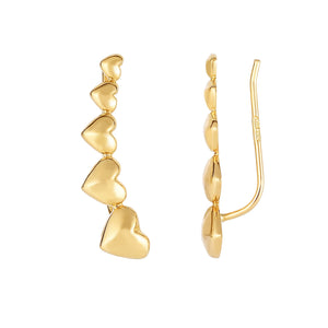 Graduated Hearts Ear Climber Stud Earrings Real 14kt Yellow Gold - besenn