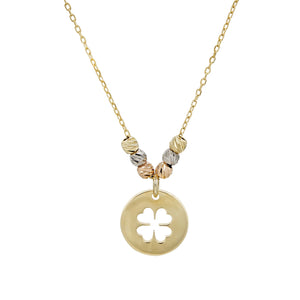 Tricolor Diamond Cut Bead Ball Clover Necklace Real 14K Yellow Gold - besenn