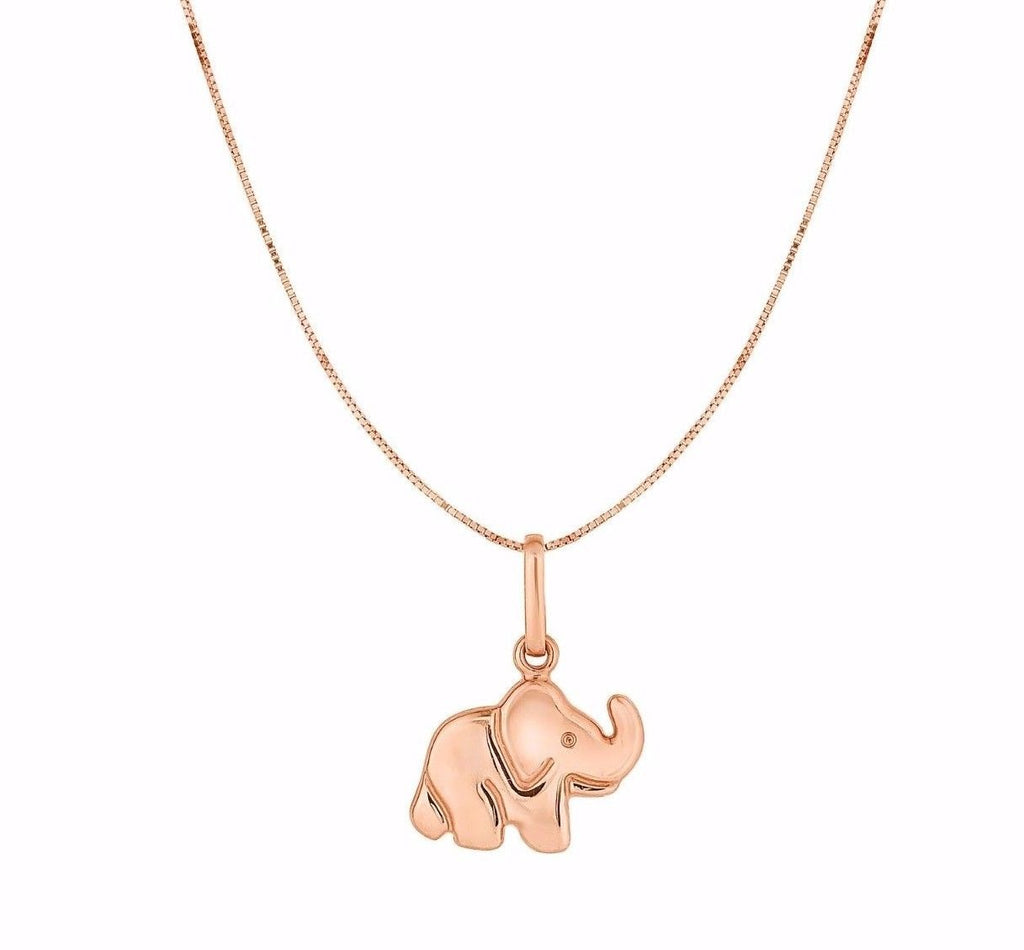 Plain Cute Elephant with Box Chain Pendant Necklace Real 10K All Rose Gold 18" - besenn