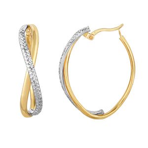 Two-Tone Diamond Cut Two Row Infinity Oval Hoop Earrings Real 10K Yellow Gold - besenn