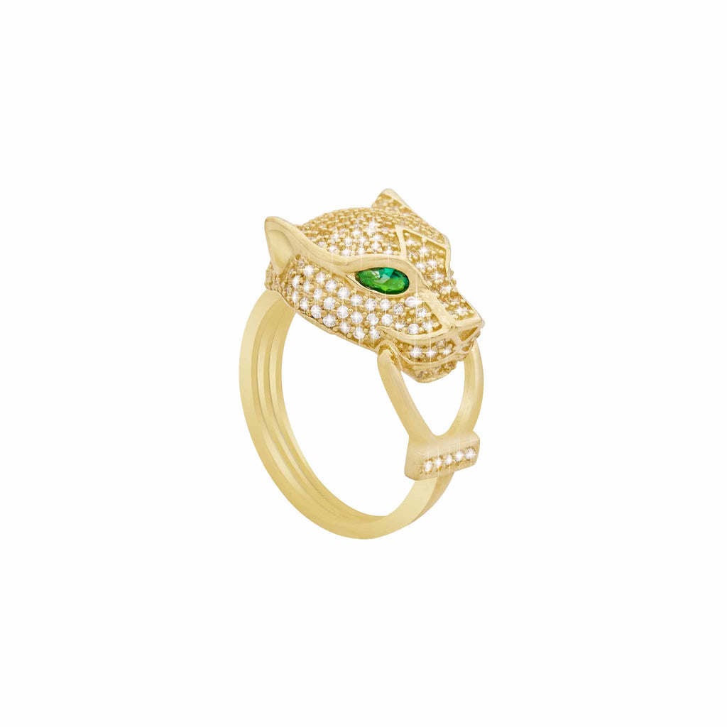 Panther Head CZ Emerald Cat Ring Real Solid 14K Yellow Gold Size 7 - besenn