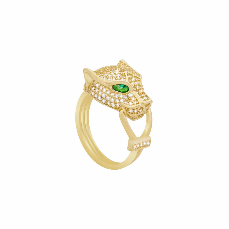Panther Head CZ Emerald Cat Ring Real Solid 14K Yellow Gold Size 7 - besenn