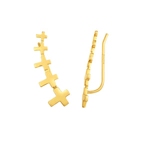 Graduated Cross Ear Climber Stud Earrings Real 14kt Yellow Gold - besenn